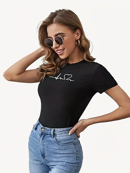 Women'S Stylish Heart Print T-Shirt - Short Sleeve, Round Neck, Polyester Blend, Casual Summer Top with Frayed Denim Shorts, Casual Attire|Playful Print Top|Stretchy Fabric