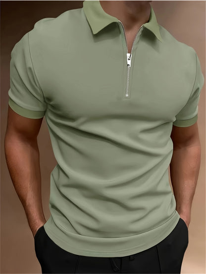 Casual Stretch Men's Solid Color Zipper Lapel Golf Shirt, Male Summer Streetwear