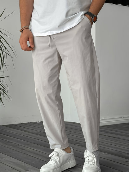 Men's Solid Pants With Pockets, Casual Drawstring Trousers For Outdoor Activities Gift