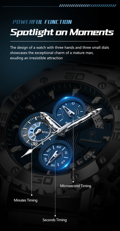 POEDAGAR Men'S Luxury Stainless Steel Business Watch with Date Display, 3ATM Blue Dial, Rotating Bezel, Alloy Case, Quartz Movement - Elegant Formal Accessory, Formal Accessory|Luxurious Watch|Quartz Movement Watch