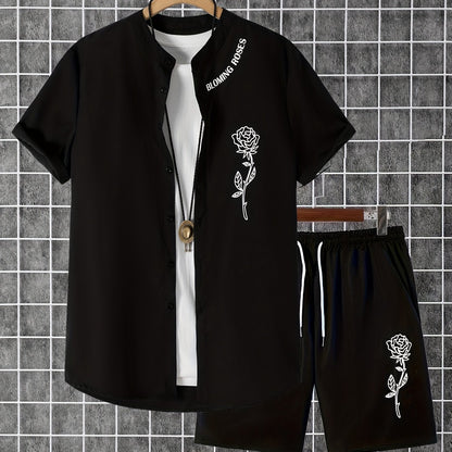 2pcs Printed Men's Summer Short Sleeve Button Shirt and Shorts Set