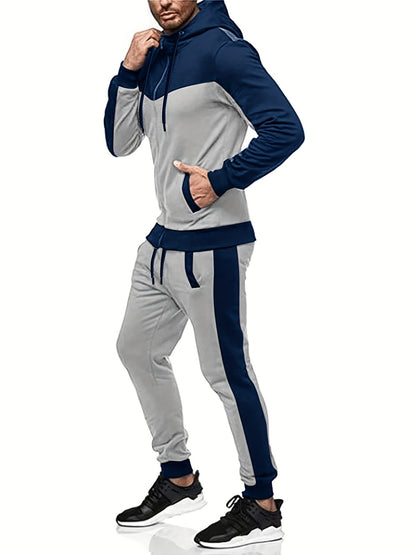 Men'S Casual Hoodie Set for Autumn And Winter, Featuring a Hooded Sweatshirt And a Sporty Cardigan in a Patchwork Design.