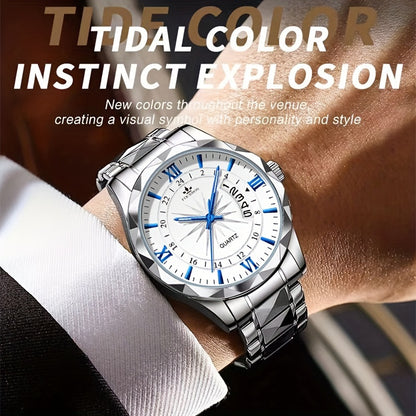 A New FOURRON Brand Men's Quartz Watch With Stainless Steel Strap And Case, Trendy And Luxurious Multi-functional Roman Numeral Dial, Luminous Watch, A Great Gift For Friends' Birthdays, Holidays, And Parties.