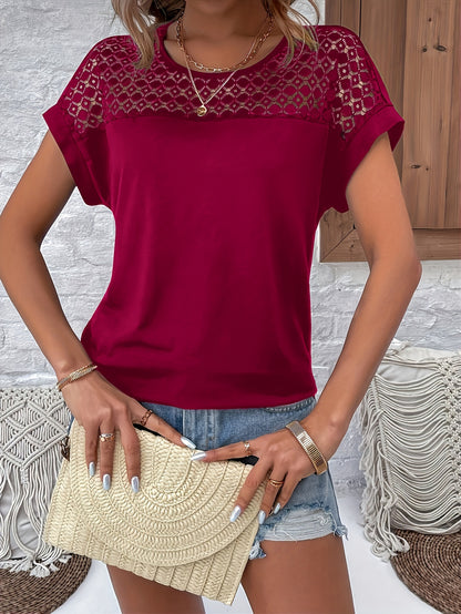 Women's Batwing Short Sleeve T-Shirt - Lace Contrast Raglan Sleeves, Round Neck Longline Top, Burgundy & White Elegant Design, Machine Washable All-Season Casual Wear, Vacation Clothing, Nontransparent Fabric