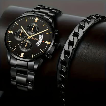2pcs Men'S Quartz Watch Set with Concept Decorative Dial, Fashionable Wristwatch & Bracelet Combo - Shock-Resistant, Analog Display, Alloy & Stainless Steel Bands - Ideal for Birthdays & Holiday Parties, Gift for Men & Studen