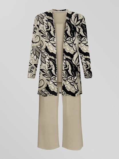 Fashionable and suit, printed long-sleeved cardigan jacket with solid color vest and casual trousers, daily three-piece suit