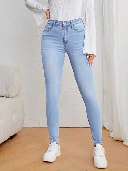 Women's Casual Plain Light Blue Skinny Jeans, Stretchy Denim Pants, Classic Design, High Waist Slim Fit For Everyday Fashion - Perfect For Fall & Winter