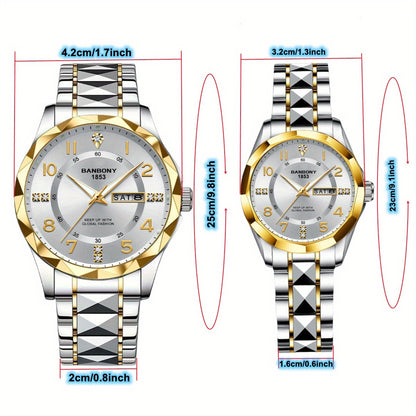 2pcs BNDBONY Brand Men And Women Couples Quartz Watch Stainless Steel Strap Scratch-Resistant Wear Luminous Pointer Digital Simple Hd Disc IPX7 Waterproof Fashion Multifunctional Couples Watch Holiday Couples Lover Birthday G