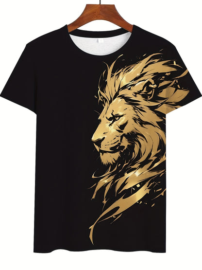 New Lion 3D Print Pattern, Casual Short Sleeve Round Neck T-Shirt, Outdoor Men's Clothing