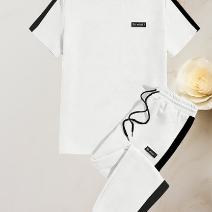 Men's Summer Sports Casual Set with Round Neck T-Shirt and Drawstring Pants Fashion Patchwork Breathable Quick-Dry Top and Bottoms Outfit