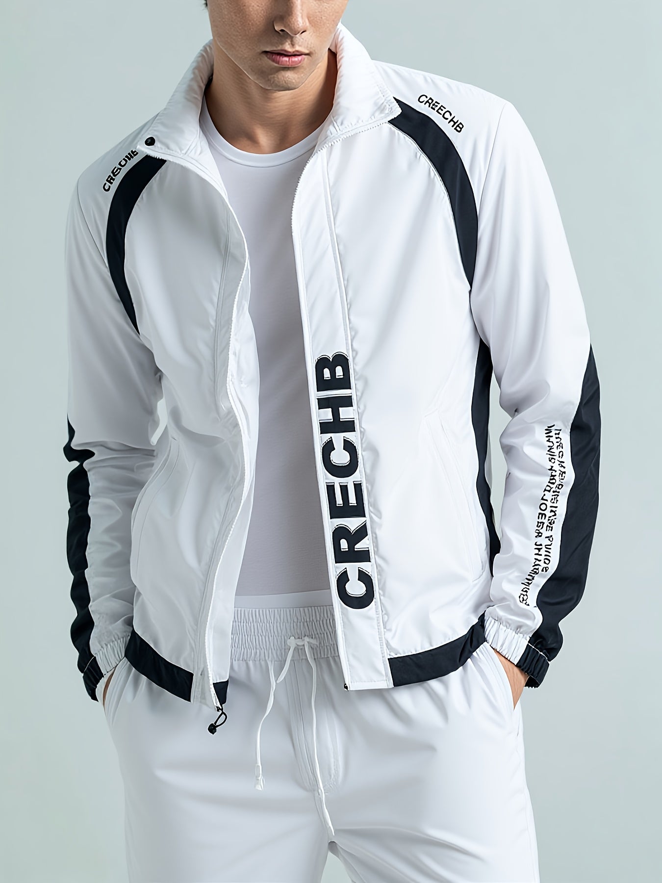 Unisex Sportswear Set for Spring And Autumn, Featuring a Zip-Up Jacket with a Stand Collar And Striped Long Pants in Black And White, a Stylish Outfit That Makes a Great Gift, Sweat-Resistant, Hand Wash Only, Workout Accessor