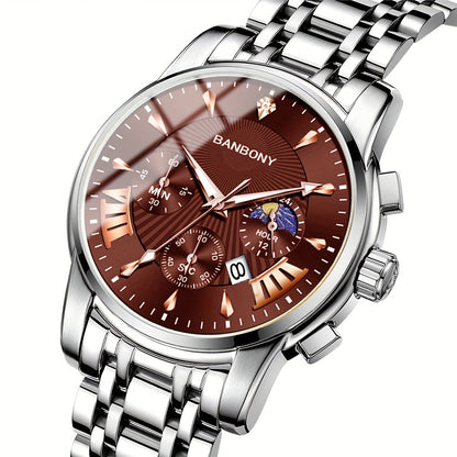 BANBONY Automatic Quartz Watch for Men & Women - Stainless Steel Strap, Blue & Golden HD Large Dial, IPX7 Waterproof, Rhinestone Accents, Date Calendar, Luminous Hands - Casual Fashion Unisex Watch for Birthday Holiday Gifts,