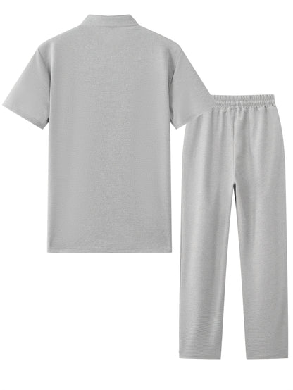 Men'S Two-Piece Set Featuring a Short-Sleeve Cardigan with Pockets And Drawstring Pocket Long Pants, Perfect for a Clean And Comfortable Summer.