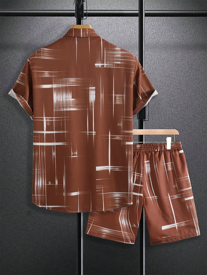 Men'S Stylish Gradient Shirt Set - Brown & White Geometric Pattern, Short Sleeve with Pocket, Loose Fit Shorts, Perfect for Beach, Camping, Fishing & Outdoor Activities, Casual Attire|Geometric Pattern Shirt|Woven Fabri