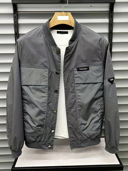 Men's Casual Sports Windbreaker Jacket, Outdoor Solid Color Design, Spring/Fall Fashionable Versatile Baseball Collar Jacket With Pockets