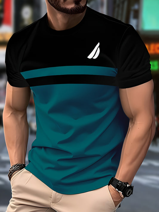 Men'S Novelty T-Shirt - Black & Teal Color Block Design, Casual Crew Neck, Short Sleeve, Regular Fit, Polyester Fabric, Perfect for Casual Attire, Novelty T Shirt
