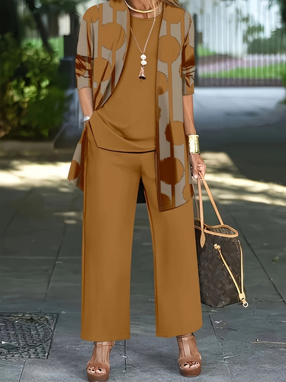 Women'S 3pcs Set, Polka Dot Print Cardigan & Solid Color Vest Casual Pants Daily Outfit