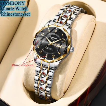 Banbony Women'S Quartz Watch - Luxury IPX7 Waterproof Stainless Steel Strap, Luminous Display, Rhinestone Accents, Date & Night Light, Minimalist Black Dial, Perfect Gift for Women, Casual Timepiece, Elegant Timepiece, Highqu