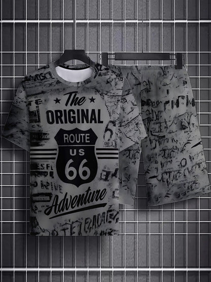 Men's Printed Short Sleeve T-shirt + Shorts Set Casual Sports Suit Breathable Outdoor Leisure Men's T-Shirt Five-Pants Set Summer 3D Printing Set Adult Male