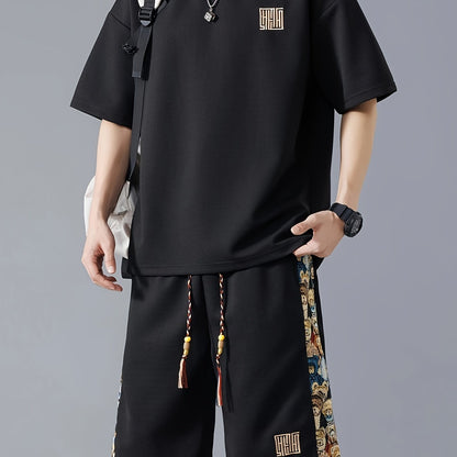 Men's Summer Casual Fashion Set: Embroidered Loose-Fit T-Shirt & Shorts - Breathable Polyester Blend, Non-Stretch Fabric, Pineapple, Sports Set