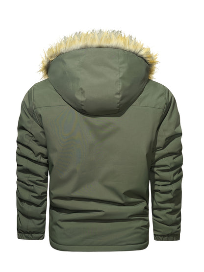 Men'S Winter Hooded Jacket with Fleece Lining - Thickened Zip-Up Coat, Multiple Pockets, Detachable Hood, Olive Green, Casual Sporty Style for Cold Weather, Winter Jacket, Durable Outerwear, Winter Coat Men, Coat With Variabl