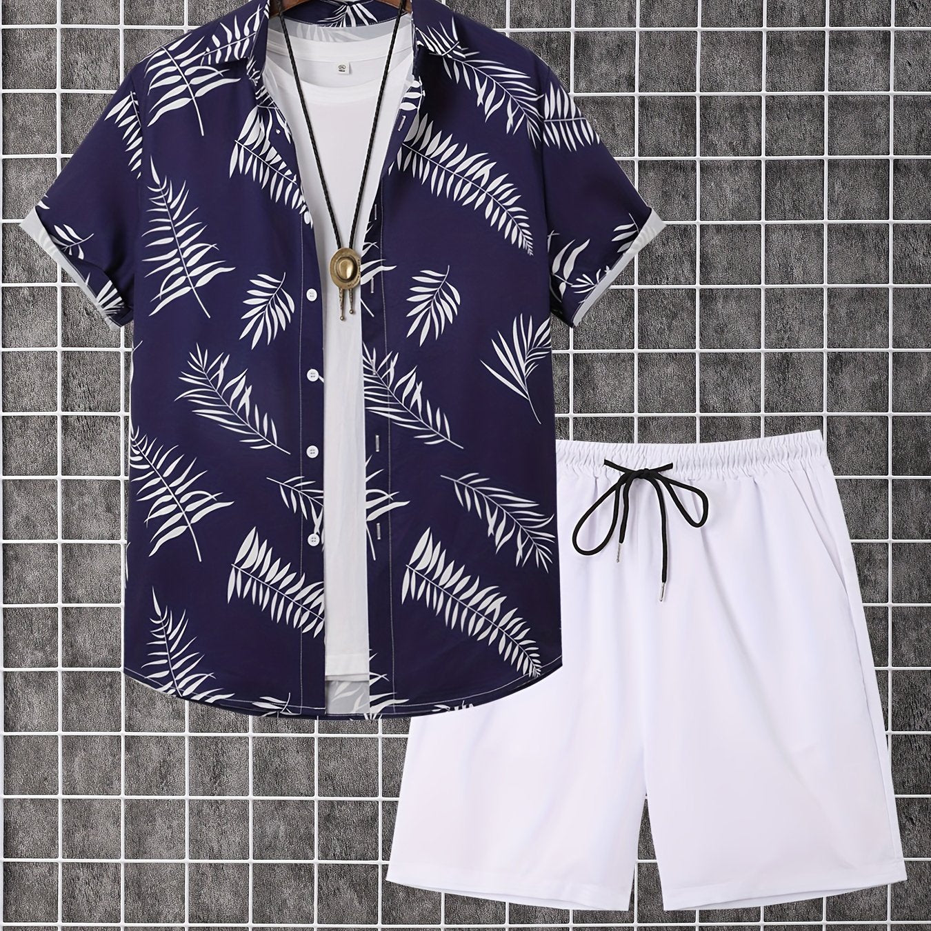 2-piece Men's Holiday Style Summer Outfit Set, Leafs Pattern Print Short Sleeve Button Up Lapel Shirt Top & Solid Drawstring Shorts With Pockets