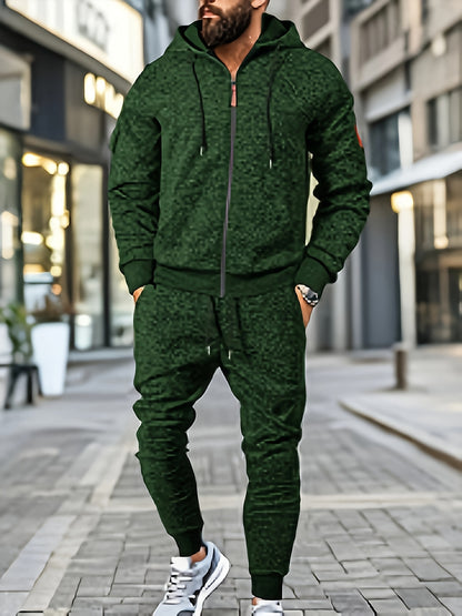 Men's Casual Sports Hoodie and Pants Set with Zipper, Drawstring, Fleece-Lined - Polyester Blend, Machine Washable