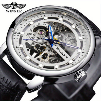 Men'S Luxury Mechanical Skeleton Watch with Golden-Tone Alloy Case & Faux Leather Strap - Mechanical Hand-Wind, World Time, Date Display, Elegant Fashion Accessory for Casual Attire, Mechanical Watch, Sophisticated Design, In