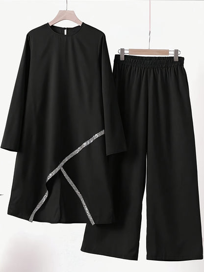 Irregular Long Sleeve New Top Women's Wide Leg Pants Fashion Set Loose Casual Two-Piece Suit