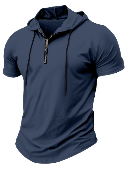1pc Men's Light Blue Casual Hooded Short Sleeve T-Shirt with 1/4 Zipper, Breathable Stretch Fabric for Gym, Outdoor & Summer Wear, Gym Apparel, Stylish Contrast Detailing, Comfortable Fit