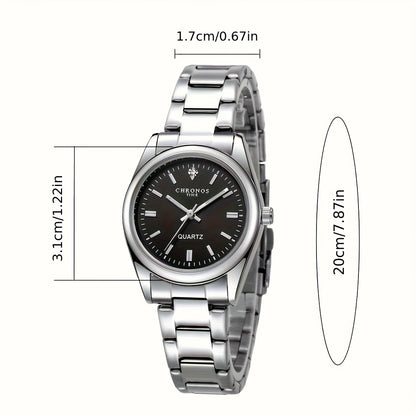 CHRONOS Women'S Quartz Watch - Elegant Stainless Steel Strap, Luminous, Round Dial, Business Casual Style, Perfect for Commuting and Casual Attire, Date Display, Pointer Display, Zinc Alloy Case, Button Battery Powered, Timer