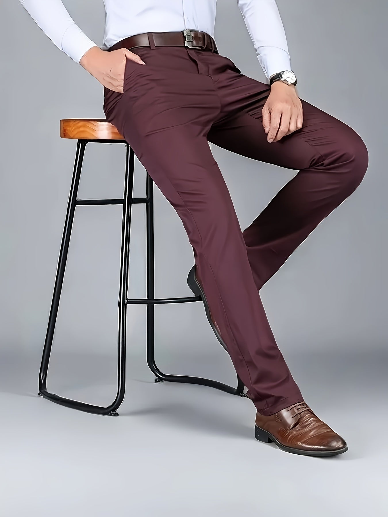 [Durable Build] Men's All-Season Casual Dress Pants - Business Style Stretch Trousers, Comfortable Classic Design, Light Brown Polyester Blend, Machine Washable, Smooth Finish, Regular Fit for Office or Leisure Wear