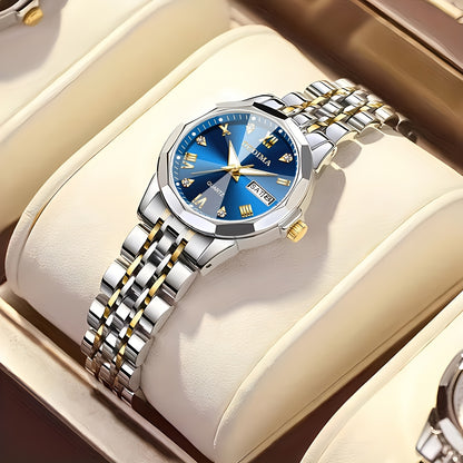 DEDIMA Women'S Luxury Stainless Steel Watch - Elegant Rhombus Design with Roman Numerals, Double Calendar, and Multifunctional Steel Strap