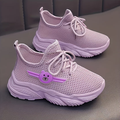 Youngsters' Breathable Cartoon Bear Sneakers - Cute Low-Top Lace-Up Shoes for Boys & Girls, Lightweight & Comfortable with Rubber Sole, Animal Print Design, All-Season Wear, Black/Green & Pink/Purple Options, Kid Shoes, Young