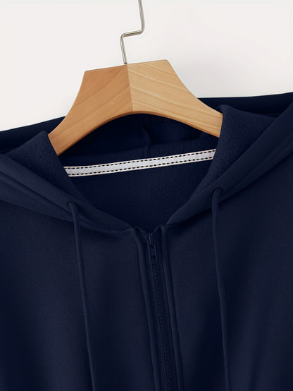 Zip Up Cropped Drawstring Hoodie, Casual Long Sleeve Sweatshirt For Spring & Fall, Women's Clothing