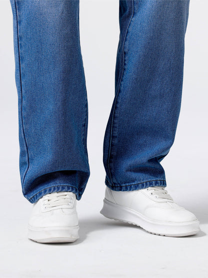 Men'S Loose Fit Straight Leg Jeans, Cotton 85% Polyester 15% Denim, Washed Solid Color Casual Style