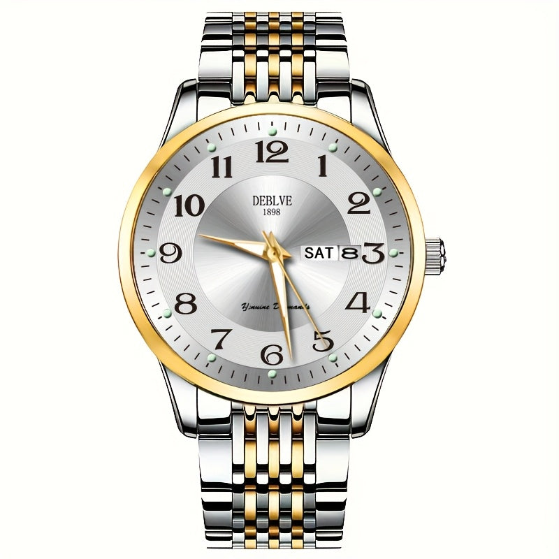 1pc DEBLOVE Men'S Stainless Steel Watch with Red Dial - Date, Calendar, Luminescent Hands & Markers, Quartz Movement, Business Casual Style, Perfect for Travel, Work, and Birthdays, Birthdays Gift|Elegant Watch Design|Quartz
