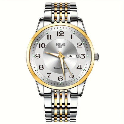 1pc DEBLOVE Men'S Stainless Steel Watch with Red Dial - Date, Calendar, Luminescent Hands & Markers, Quartz Movement, Business Casual Style, Perfect for Travel, Work, and Birthdays, Birthdays Gift|Elegant Watch Design|Quartz