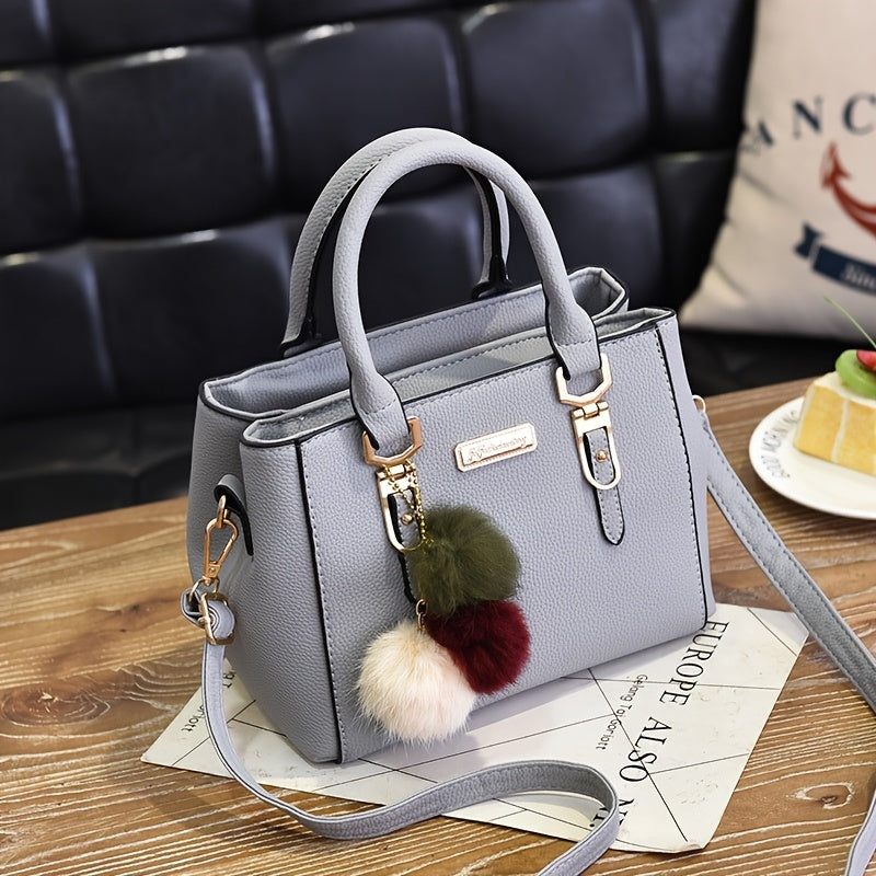 Stylish Lychee Pattern Handbag with Adjustable Strap and Pom Pom Ball Charms - Versatile Shoulder Handbag for Women in Black, Army Green, Khaki, Light Grey, Dark Grey, Red, Crossbody Purse, Charming Pom Pom Accents, Metallic