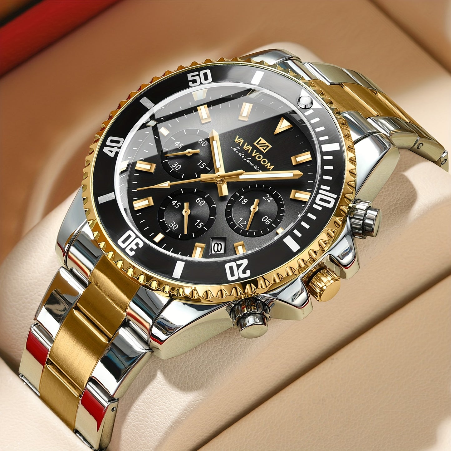 VA VA VOOM Men's Sport Watch with 3D Large Dial, Stainless Steel Band, 24Hr Chronograph, Dual Time, Calendar, Stopwatch & High Quality - Quartz Movement for Gym, Outdoor, Business Casual - Ideal Gift, Outdoor Timing Tool, Sle