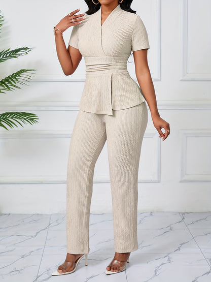 Women'S Elegant Casual Solid Color Textured Jumpsuit - Stylish Short Sleeve Top & Wide-Leg Pants, Perfect for All Seasons, Casual Attire|Textured Jumpsuit|Casual Style