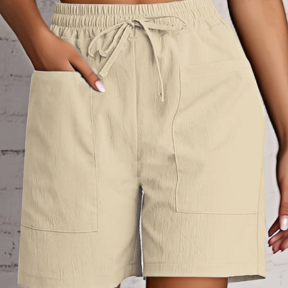 Women's Beige Cargo Shorts - Casual & Stylish, Solid Color with Drawstring Waist and Pockets, Polyester Blend, Machine Washable, All-Season Comfort