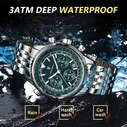 POEDAGAR Luxury Men's Quartz Watch -, Luminous Chronograph with Date Function, Stainless Steel Band & Zinc Alloy Case