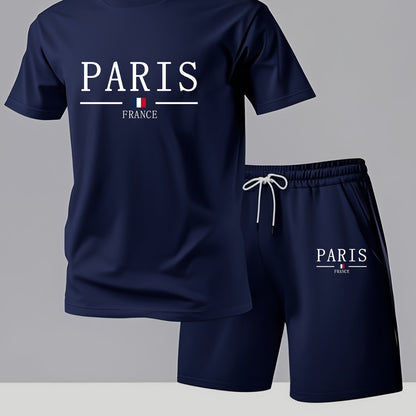Paris Gradient Letter Print Men's Two-Piece Set: Crew Neck Short Sleeve T-Shirt and Drawstring Shorts Summer Casual Sportswear