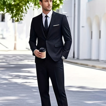 3pcs Luxury Classic Men's Solid Color Formal Suit Set - Lapel Jacket, Vest and Pants, Regular Fit, Long Sleeve, Traditional Silhouette, Very Suitable for Wedding Banquets, Business Meetings - High Quality Fabric, Comfortable