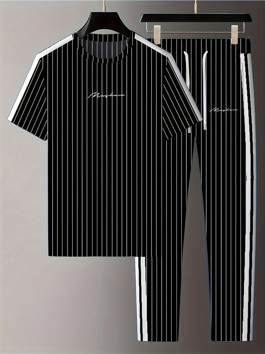 Summer Men's Striped Vertical Stripe 3D Print Casual Sports Short Sleeve Suit Fitness Sportswear Shorts T-shirt Men's Set Outdoor Sports Drawstring Pocket Hoodie Two-piece Set