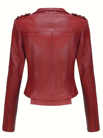 Women'S Casual Faux Leather Jacket, Solid Color, Long Sleeve, Regular Length, Fall/Winter, Zipper Placket, Woven, Non-Stretch Fabric, 100% Polyurethane, Lapel Collar, Dipped Hem Detail