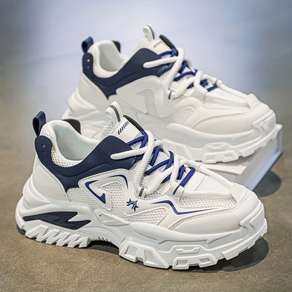 Men'S Breathable Mesh Sneakers with Thick Cushioned Sole - Lightweight Low-Top Lace-Up Shoes for Running, Hiking & Casual Wear, Navy Blue & White Design, All-Season Comfort, Sneakers, Hiking Footwear, Stylish Laceup Shoes, Du