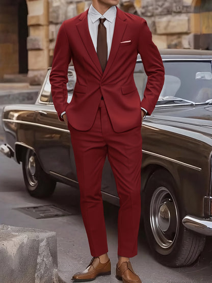 2pcs Men's Elegant Business Casual Suit Set - Includes Classic Lapel Blazer & Dress Pants, Polyester/Rayon Blend, with Pockets - Perfect for Weddings & Formal Occasions