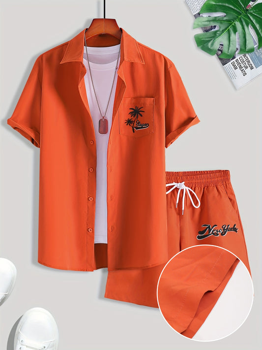 2-piece Men's Stylish Summer Beach Wear Set, Letter Print Men's Short Sleeve Lapel Shirt With Chest Pocket & Drawstring Shorts Co Ord Se